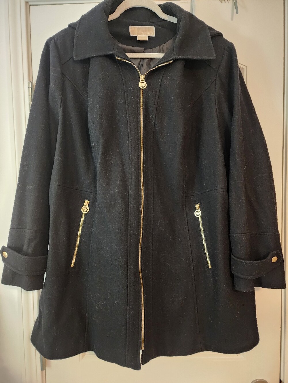 Michael Kors Black Zip-Front Wool Blend Peacoat Gold Hardware 20W ExcCond Warm
